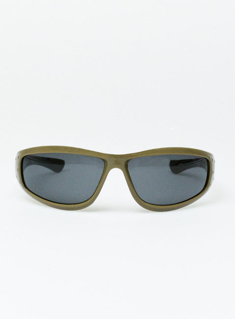 Sunglasses Wrap around design Light weight frame Brown tinted lenses Moulded nose bridge