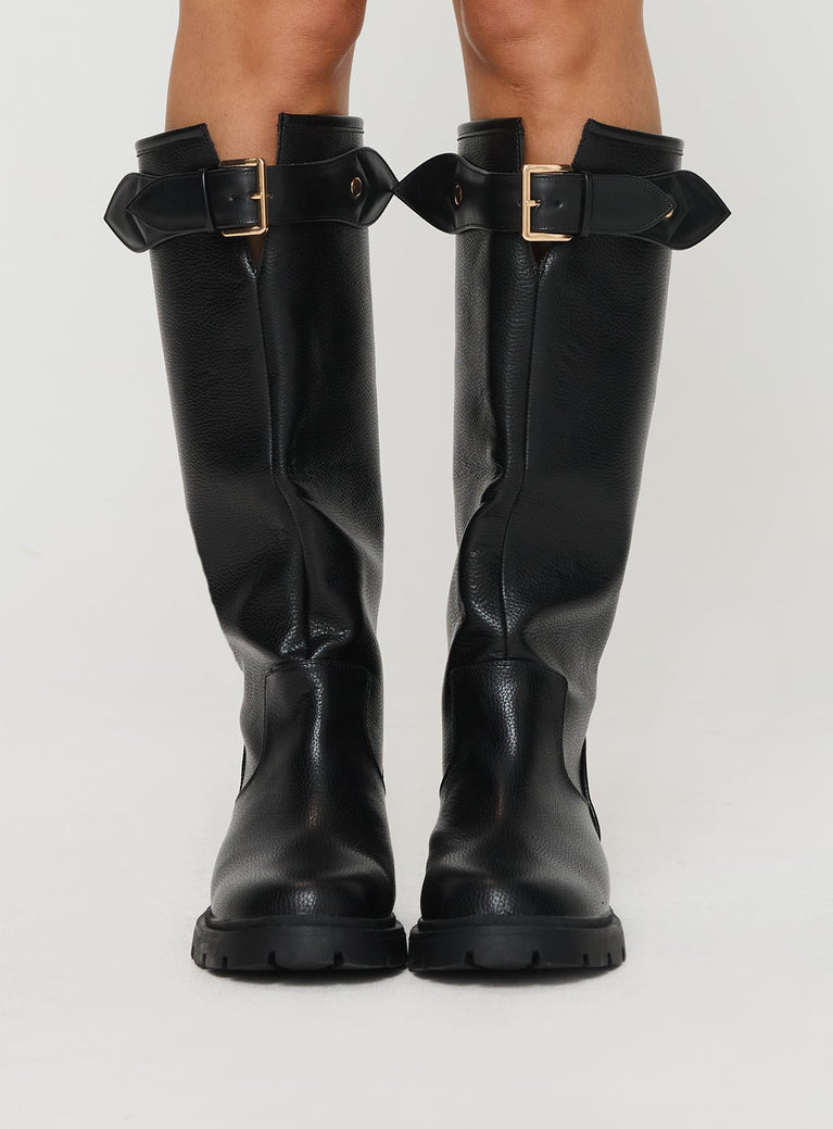 Knee-high boots Riding style, rounded toe, thick sole with grooves, gold-toned buckle detail