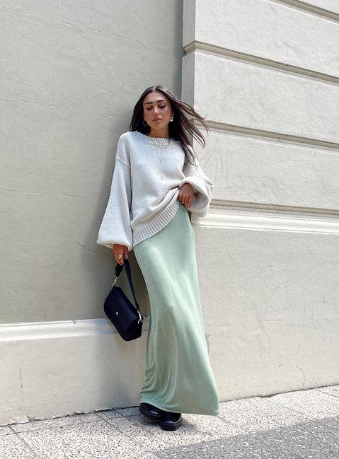 Front view of model wearing  front Harriette Maxi Skirt Sage Princess Polly  Maxi 