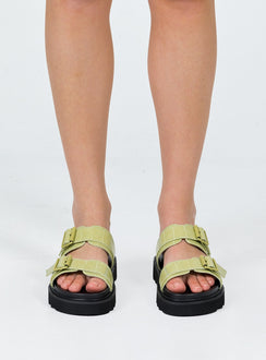Black and green sandals Double upper strap Both adjustable Chunky treaded sole Padded footbed