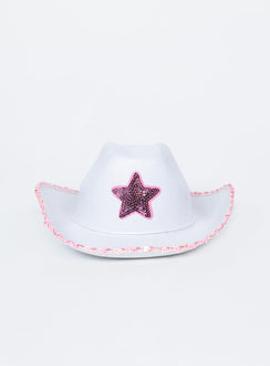Cowboy hat Felt look material  Sequin brim & star  Adjustable rope chin strap  Stiff brim 