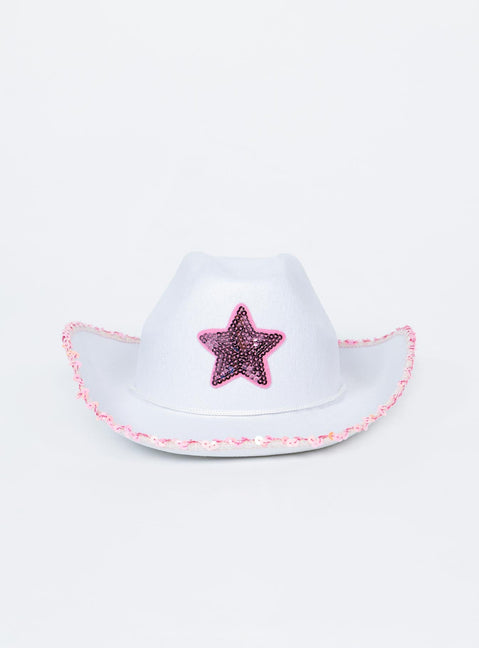 Cowboy hat Felt look material  Sequin brim & star  Adjustable rope chin strap  Stiff brim 