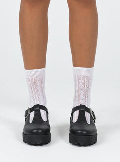 Loafer Faux matte leather material Silver-toned buckle Rounded toe Platform base Padded footbed Treaded sole