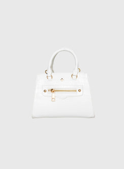 Crossbody Bag  Faux croc leather exterior, fixed handles, gold-toned hardware, one pocket exterior and one pocket interior, extra long adjustable strap-detachable Zip fastenings