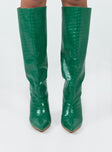Knee high boots Faux leather material  Croc print  Pointed toe  Stiletto heel 