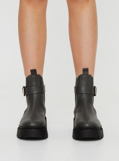 Faux suede boots Rounded toe, pull tab, treaded sole, silver-toned buckles Elasticated gusset at side, padded footbed