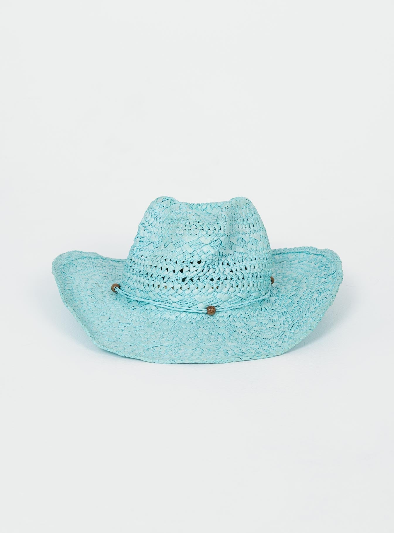 Blue cowgirl hat 100% paper Woven straw Curved wide brim  Tie detail around head Mouldable brim shape Bead detail Adjustable inner band