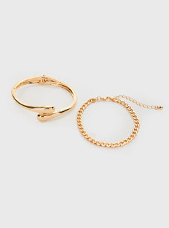 Gold-toned bracelet pack Two-piece set, chain bracelet with lobster clasp fastening, hinge fastening cuff