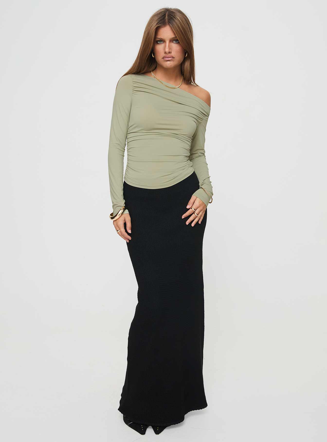 Long sleeve top One shoulder style, ruching at sides