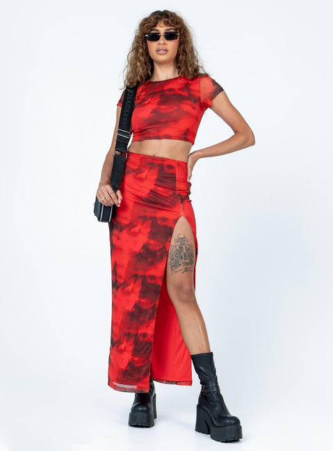 Matching set Mesh material  Printed design  Cropped tee High waisted midi skirt  Elasticated waistband 