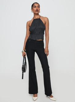 front view of model wearing Princess Polly Legacy Halter Top Onyx Sleeveless High Neck 