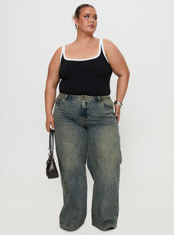 front view of model wearing Princess Polly Astrea Bodysuit Black / White Curve Sleeveless 