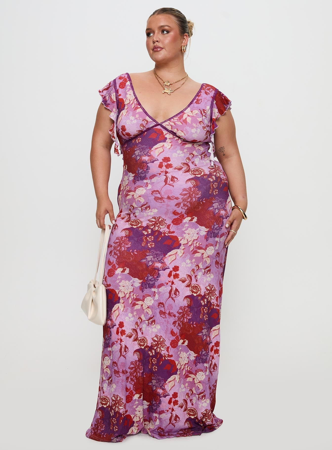 front view of model wearing Princess Polly Soleila Maxi Dress Purple Multi Curve Plunger 