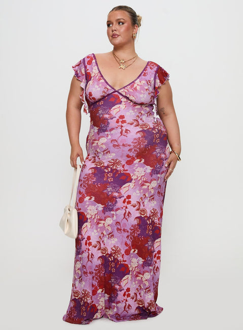 front view of model wearing Princess Polly Soleila Maxi Dress Purple Multi Curve Plunger 