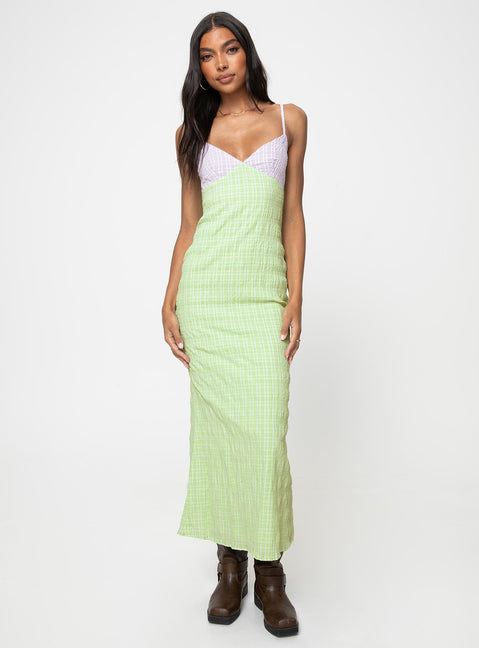 Check print maxi dress Adjustable shoulder straps, v-neckline Slight stretch, partially lined