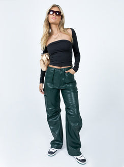 Pants 100% PU Faux leather material  Zip & button fastening  Belt looped waist  Six pockets  Pleated at inner thigh  Wide leg 