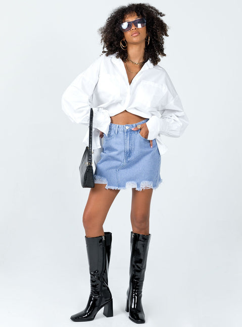  front view of model wearing Princess Polly Giannia Denim Mini Skirt Mini Skirts 