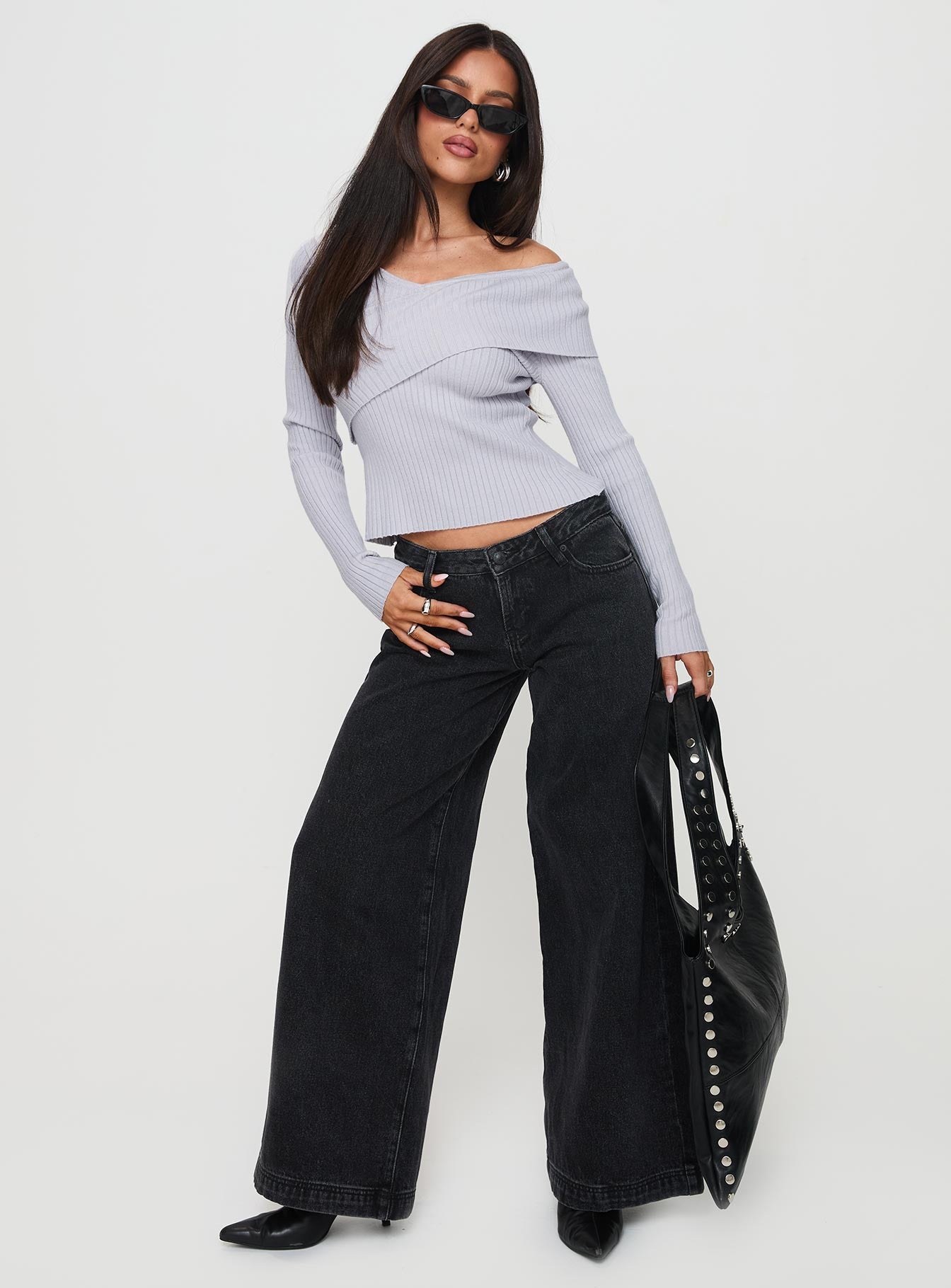 front view of model wearing Princess Polly Ribbon Stamp Wide Leg Jeans Washed Black Low Rise Jeans 