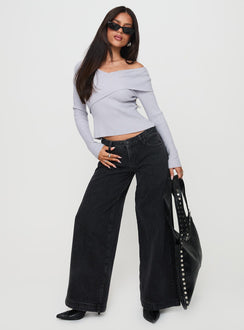 front view of model wearing Princess Polly Ribbon Stamp Wide Leg Jeans Washed Black Low Rise Jeans 