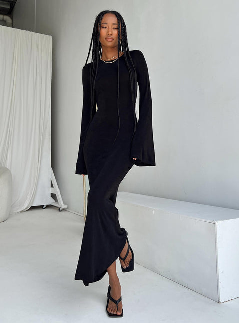 Front view of model wearing  front Princess Polly High Neck  Amersham Long Sleeve Maxi Dress Black