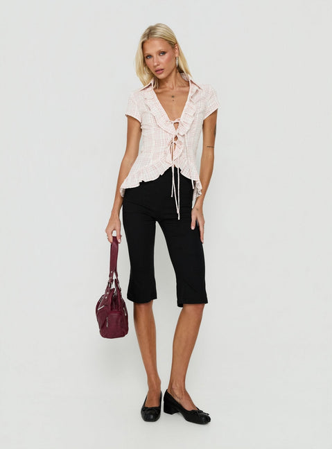 Raylynn Frill Detail Short Sleeve Collared Top Pink Check