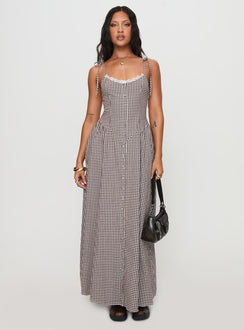 Dalanie Tie Strap Maxi Dress Brown Gingham Petite