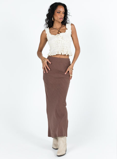 Brown maxi skirt Linen look material Invisible zip fastening at side