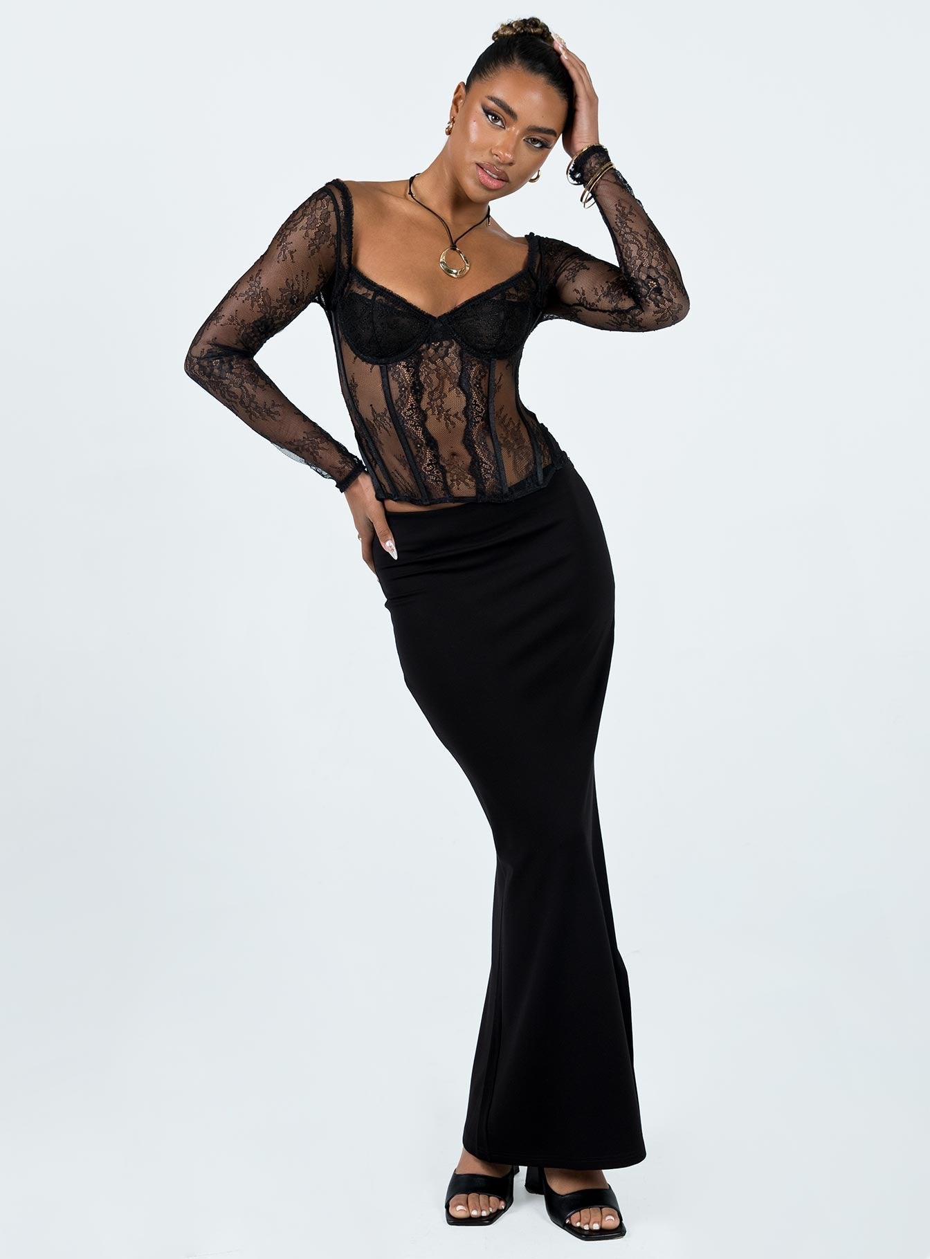 product Princess Polly Full Sleeves Square Neck  Some Like It Hot Long Sleeve Lace Corset Black