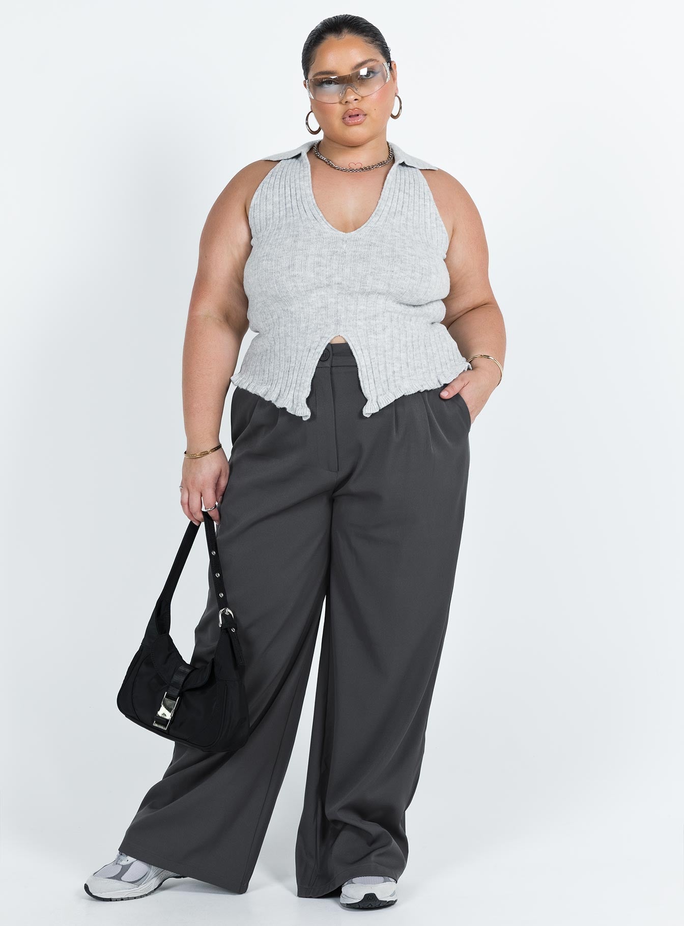 product Princess Polly Sleeveless V-Neck  Galliniski Knit Top Grey Curve