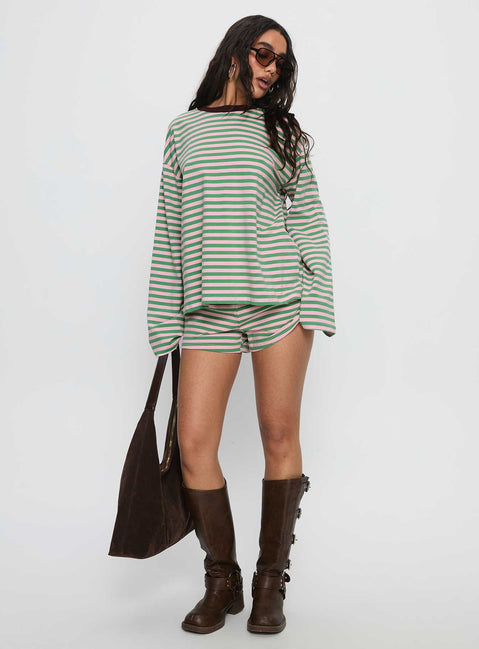 Settle Down Long Sleeve Top Green / Pink Stripe