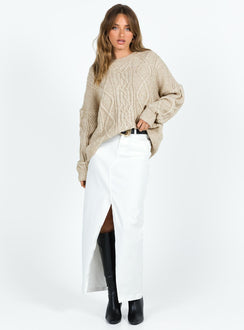 front view of model wearing Princess Polly Canlish Cable Sweater Latte Long 