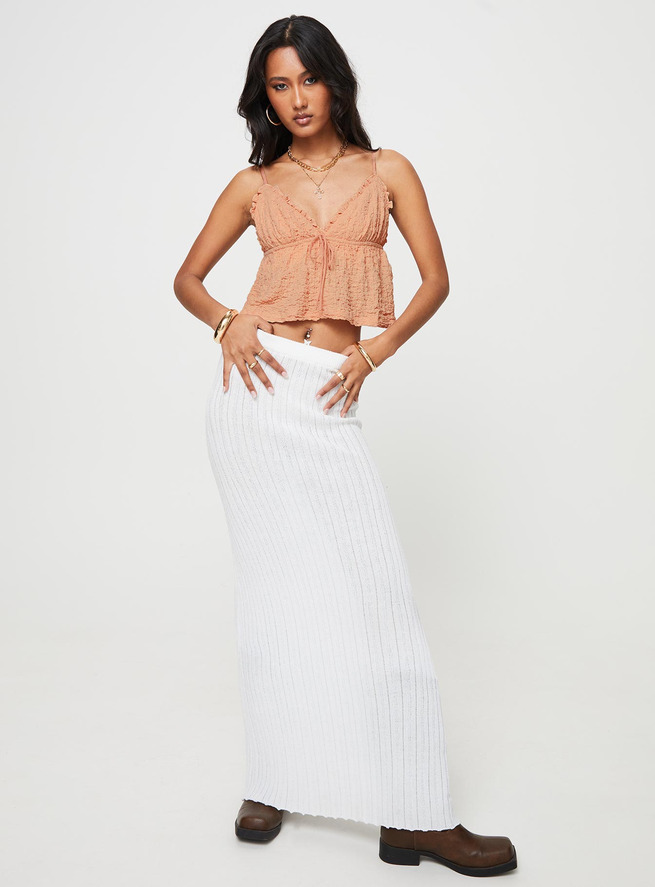 V-neck crop top, crinkle material  Adjustable shoulder straps, frill trimming, elasticated under bust band, fixed tie detail at bust 