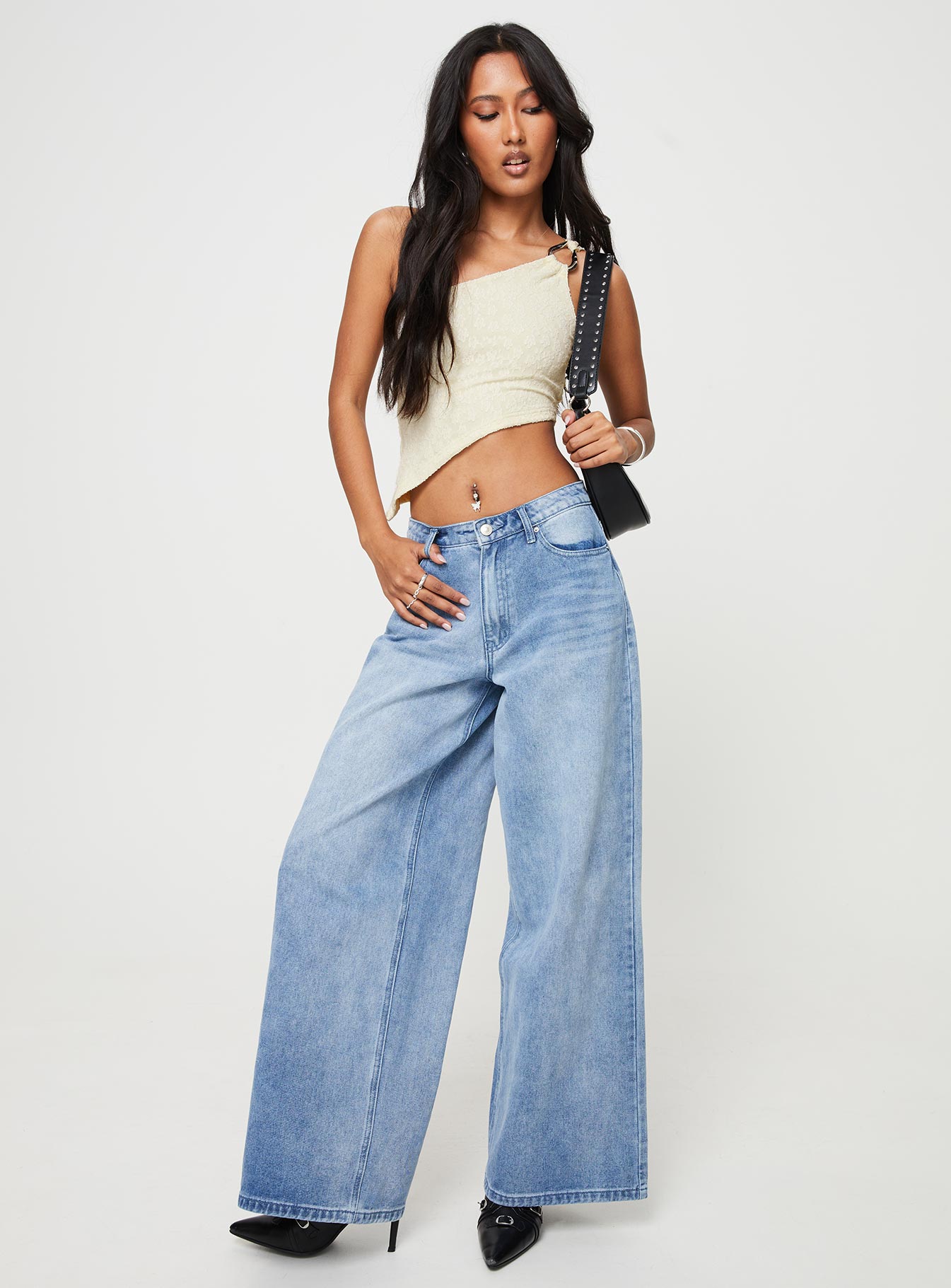 One shoulder crop top Textured material, one shoulder design, silver-toned ring, asymmetric hem Good stretch, fully lined 