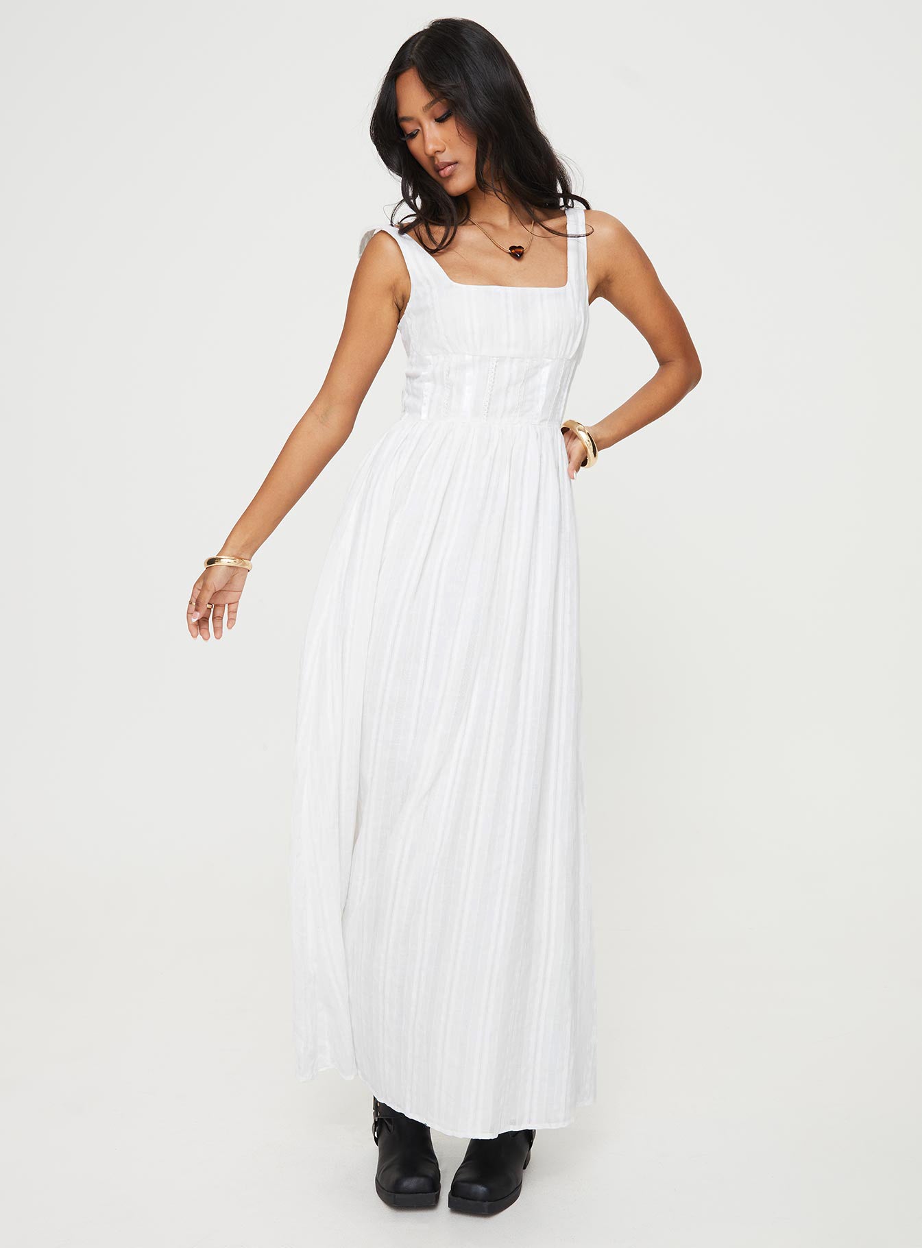 front view of model wearing Princess Polly Lorinda Maxi Dress White Square Neck 