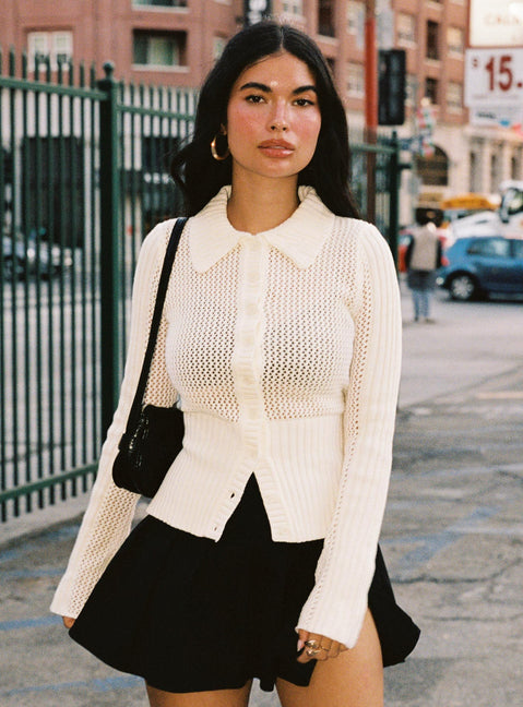 front view of model wearing Princess Polly Ethanne Knit Cardigan Cream cropped 