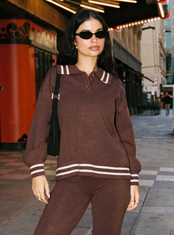 front view of model wearing Princess Polly Square One Collared Jumper Brown / Cream Long 