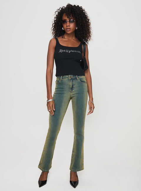 side view of model wearing Princess Polly Sandman Flare Jeans Antique Wash Mid Rise 