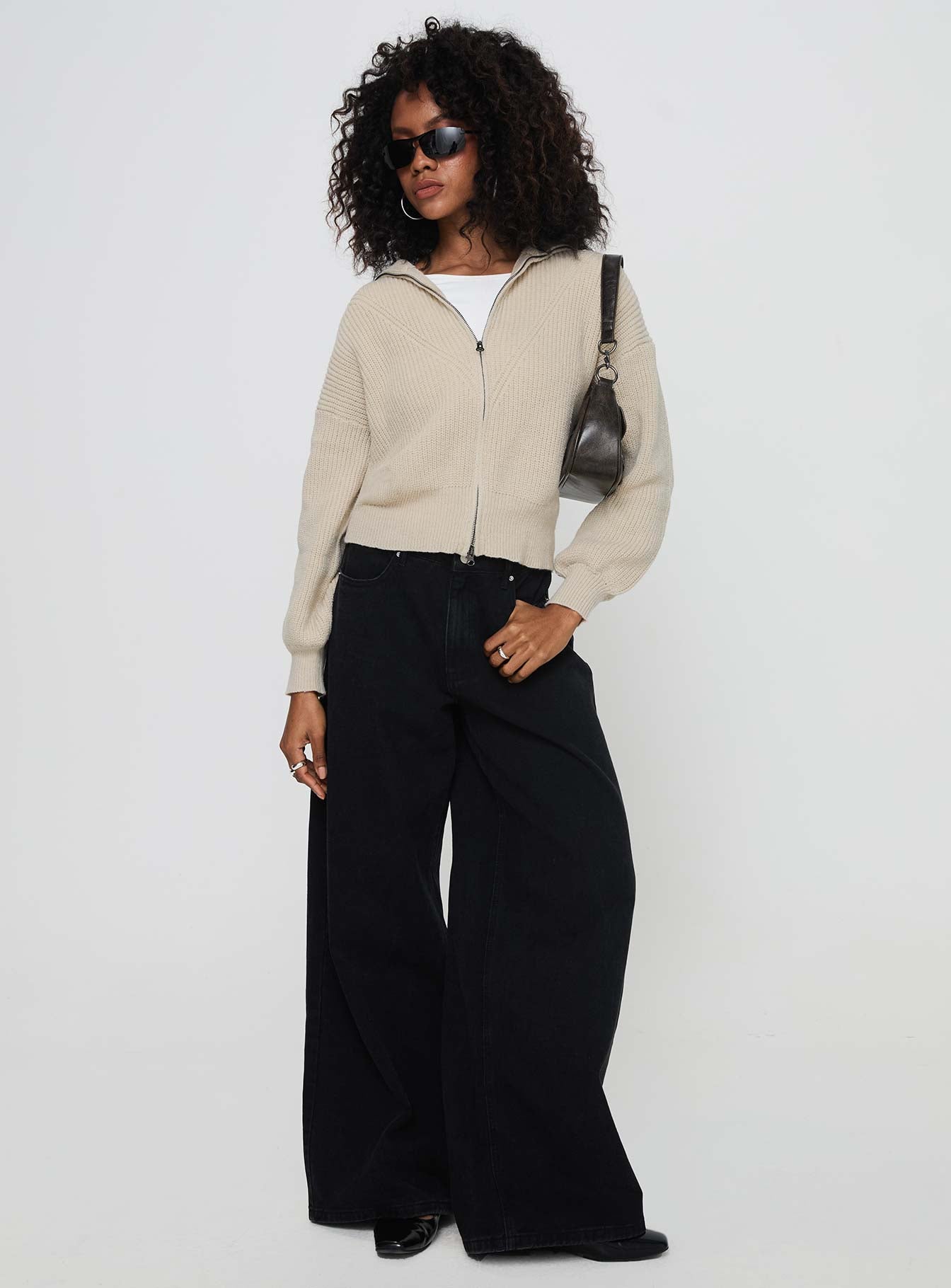 side view of model wearing Princess Polly Merivale Knit Sweater Beige Cropped 