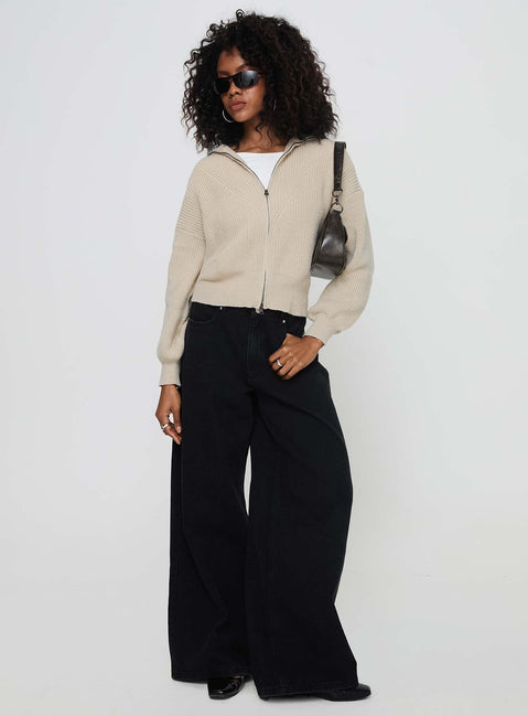 side view of model wearing Princess Polly Merivale Knit Sweater Beige Cropped 