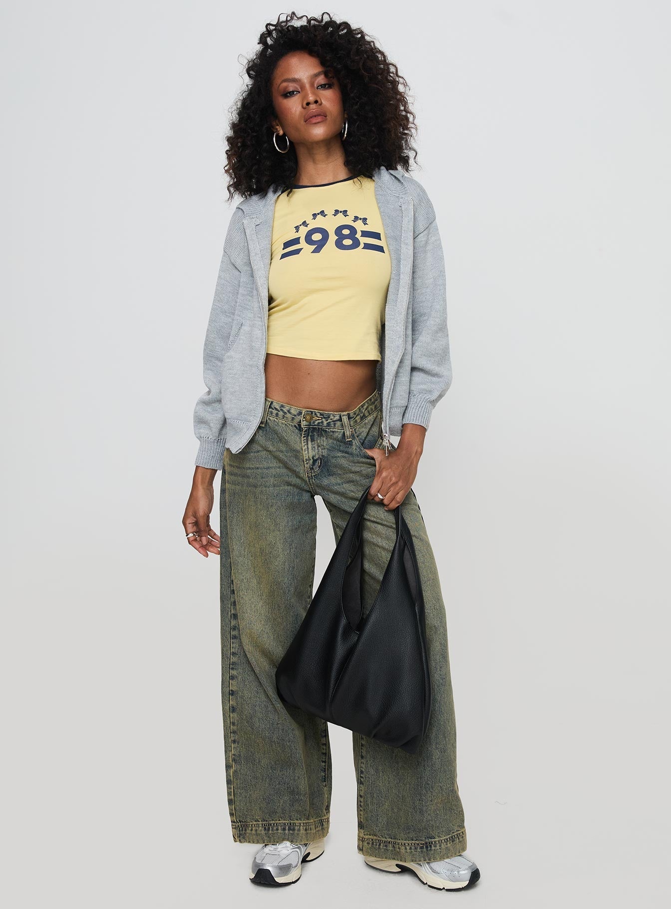 back view of model wearing Princess Polly Morrigan Zip Up Hooded Sweater Grey Marle Cropped 