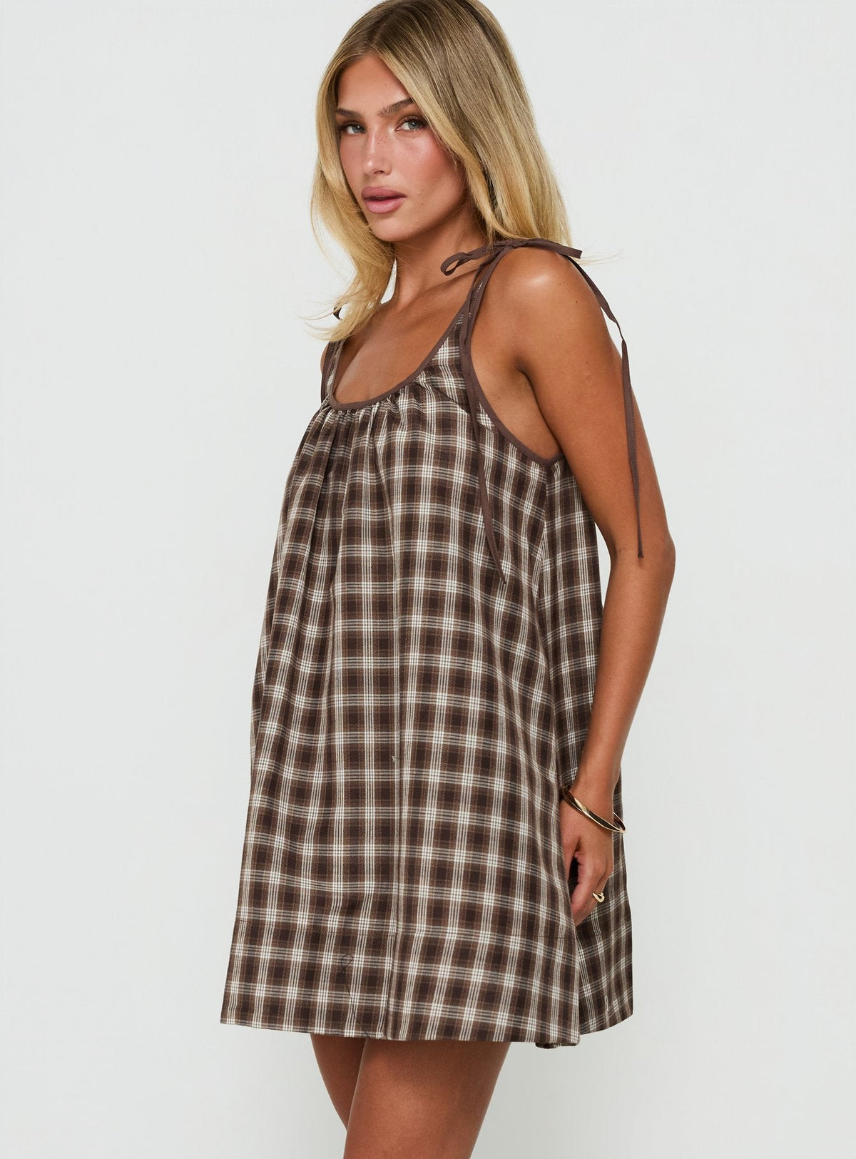 Lucka Babydoll Tie Mini Dress Brown Check