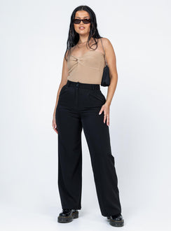 front view of model wearing Princess Polly Kallista Bodysuit Beige Sleeveless Sweetheart 