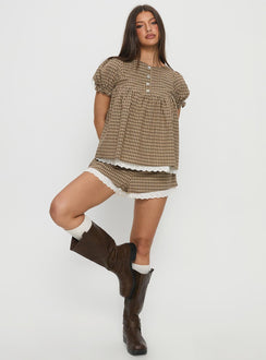Chandelier Mini Lace Trim Shorts Brown Check