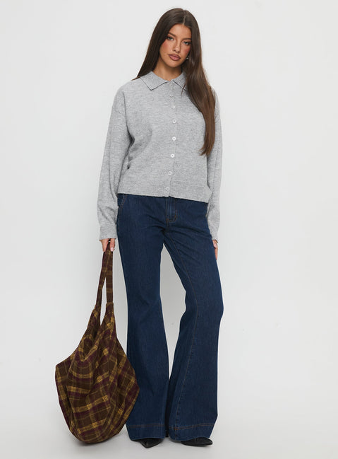 back view of model wearing Princess Polly Nadyna Collared Cardigan Grey Marle 