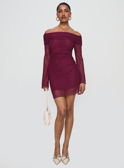 front view of model wearing Princess Polly Consideration Mini Dress Burgundy Straight Neck 