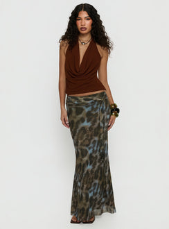   side view of model wearing Princess Polly Caviar Tie Maxi Skirt Leopard 