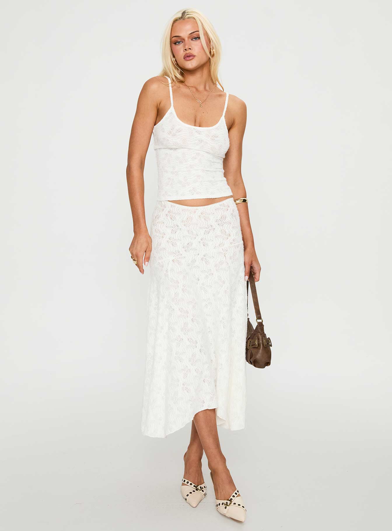   side view of model wearing Princess Polly Tidal Midi Skirt Foam Midi Skirts 