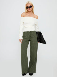 Melikah Mid Rise Baggy Cargo Jeans Green Wash