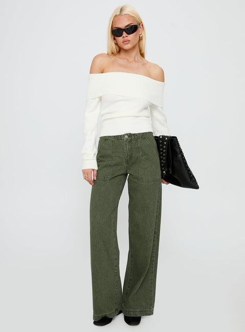 Melikah Mid Rise Baggy Cargo Jeans Green Wash