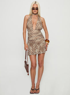 Anjolita Plunge Halter Mini Dress Brown Snake